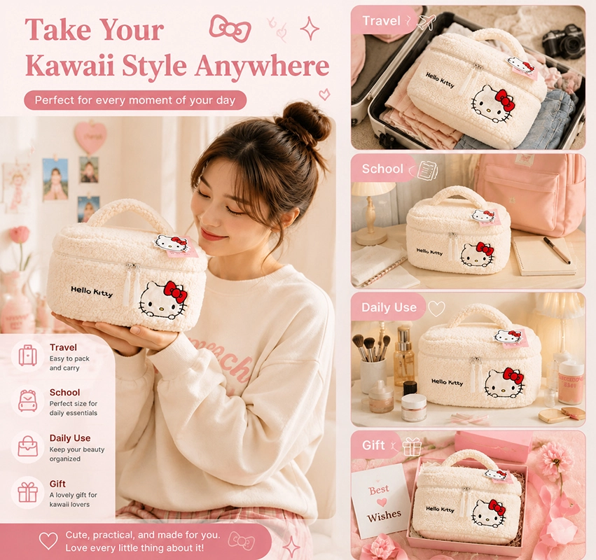 Hello Kitty Plush Cosmetic Bag - Cute Travel Makeup Organizer with Embroidery