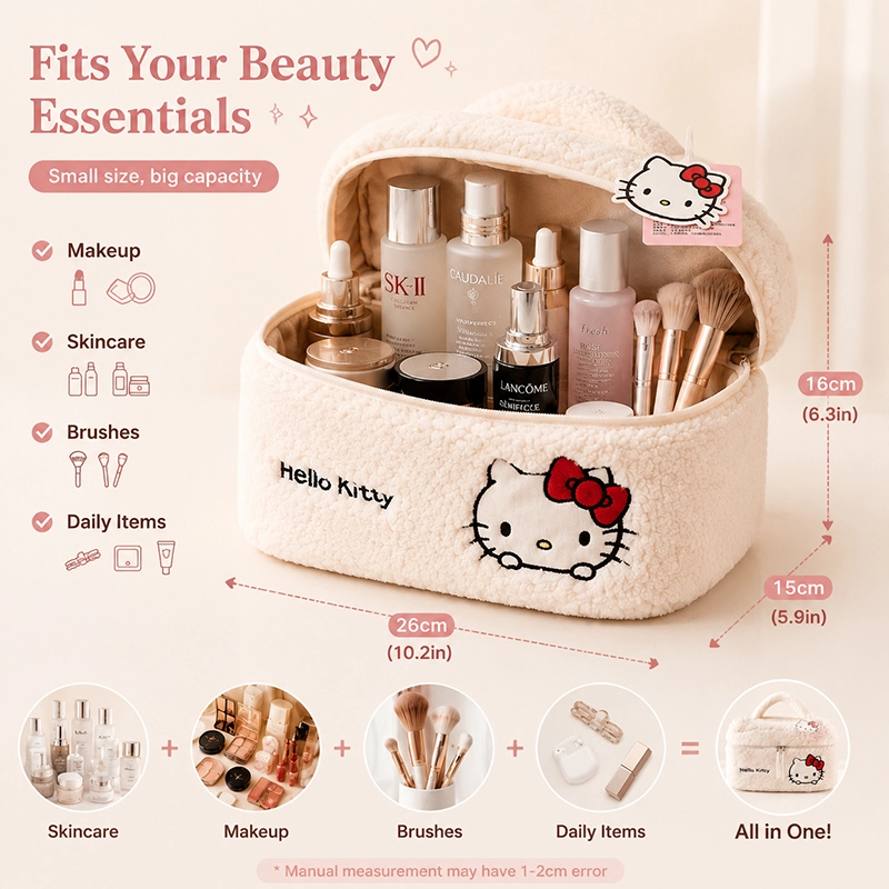Hello Kitty Plush Cosmetic Bag - Cute Travel Makeup Organizer with Embroidery