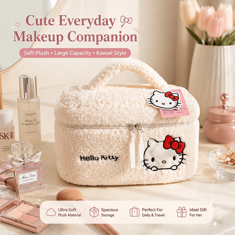 Hello Kitty Plush Cosmetic Bag - Cute Travel Makeup Organizer with Embroidery