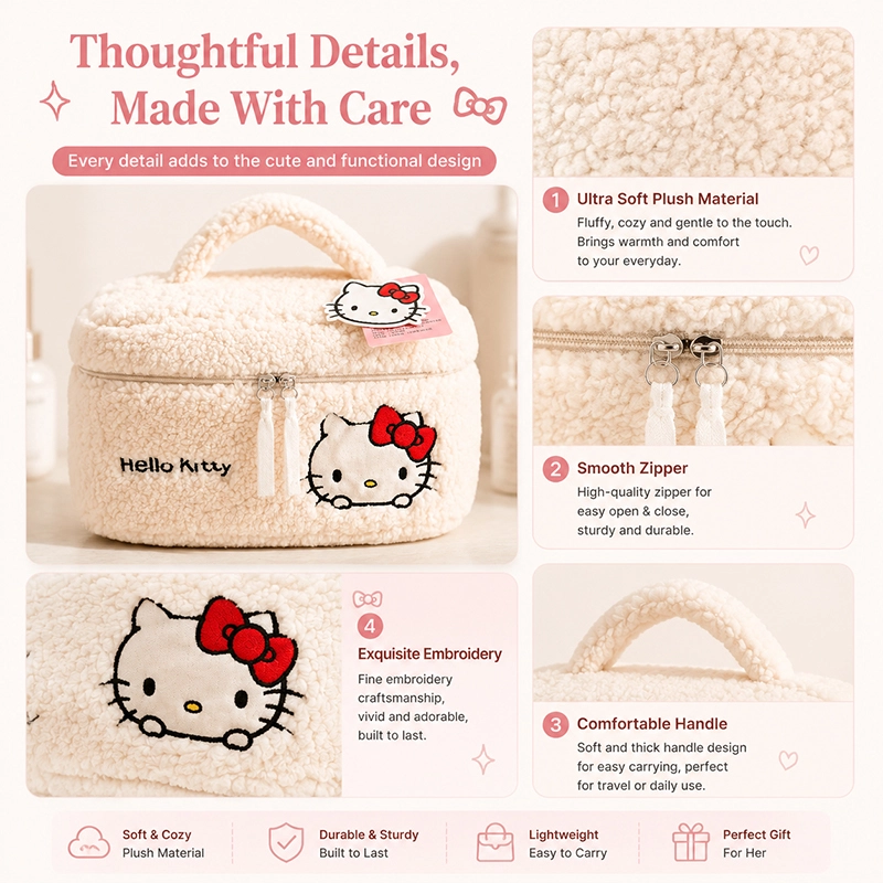 Hello Kitty Plush Cosmetic Bag - Cute Travel Makeup Organizer with Embroidery