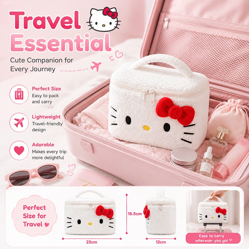 Hello Kitty Plush Cosmetic Bag Cute Makeup Organizer Travel Toiletry Bag