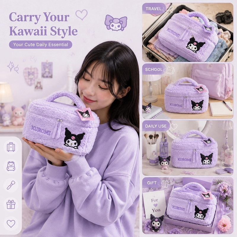 Kuromi Plush Cosmetic Bag – Cute Travel Makeup Organizer with Embroidery