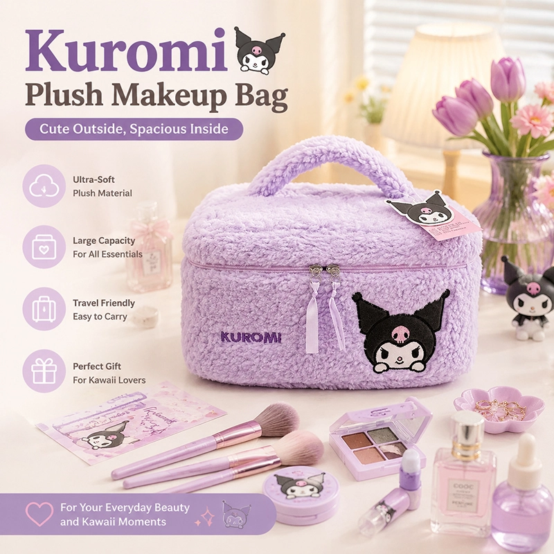 Kuromi Plush Cosmetic Bag – Cute Travel Makeup Organizer with Embroidery