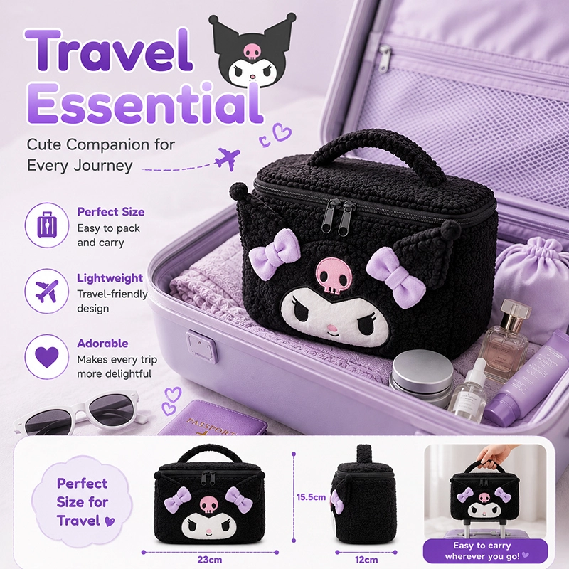 Kuromi Plush Cosmetic Bag Cute Makeup Organizer Travel Toiletry Bag