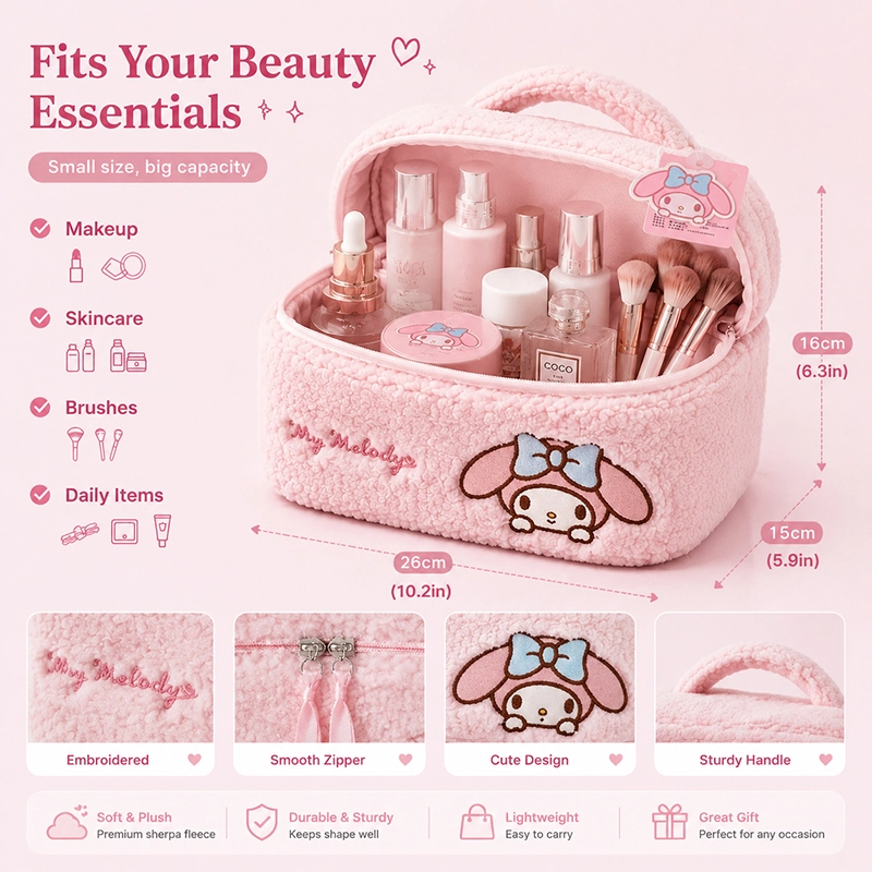 My Melody Plush Cosmetic Bag - Cute Travel Makeup Organizer with Embroidery