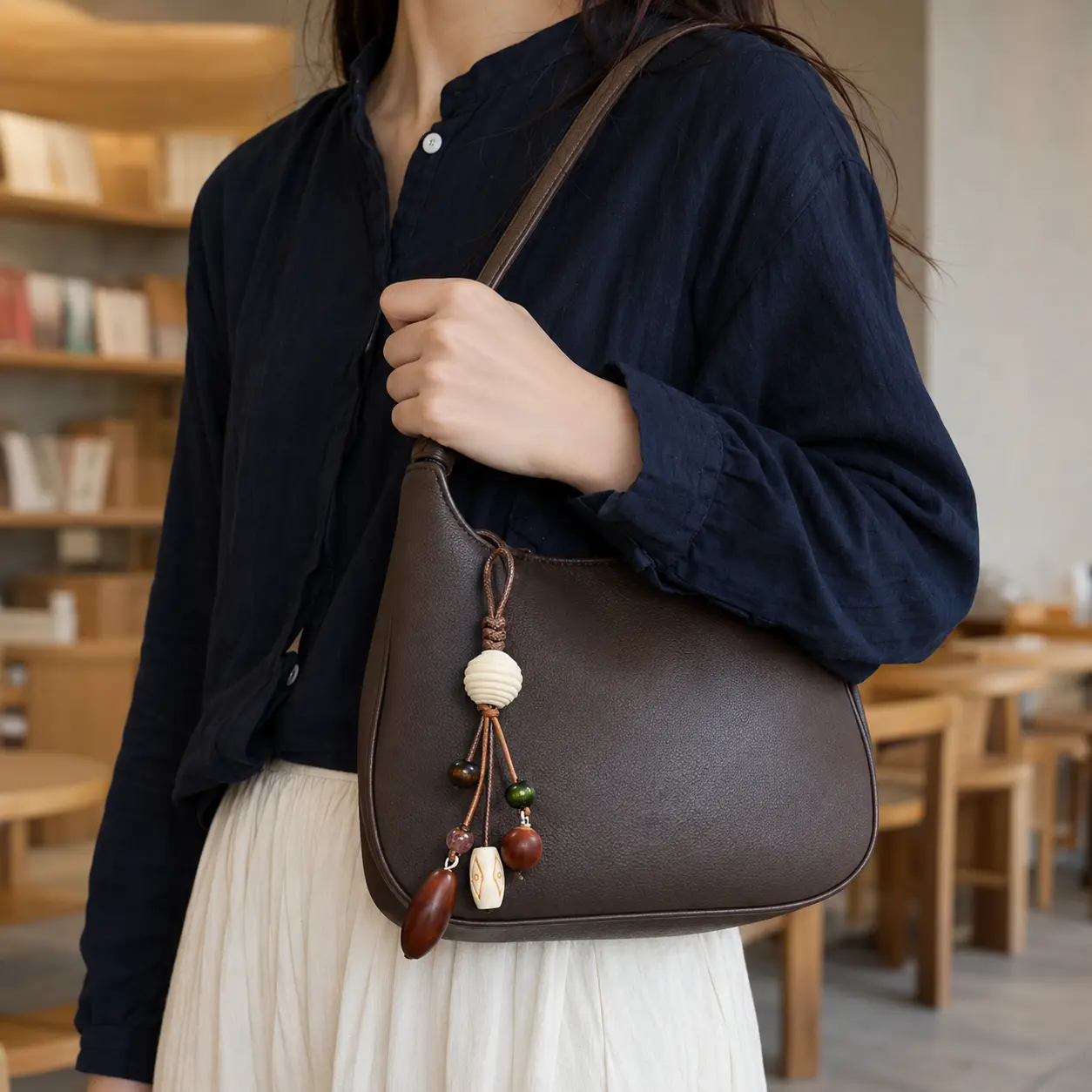 Handmade-style beaded charm on a dark brown shoulder bag in a quiet Japanese cafe