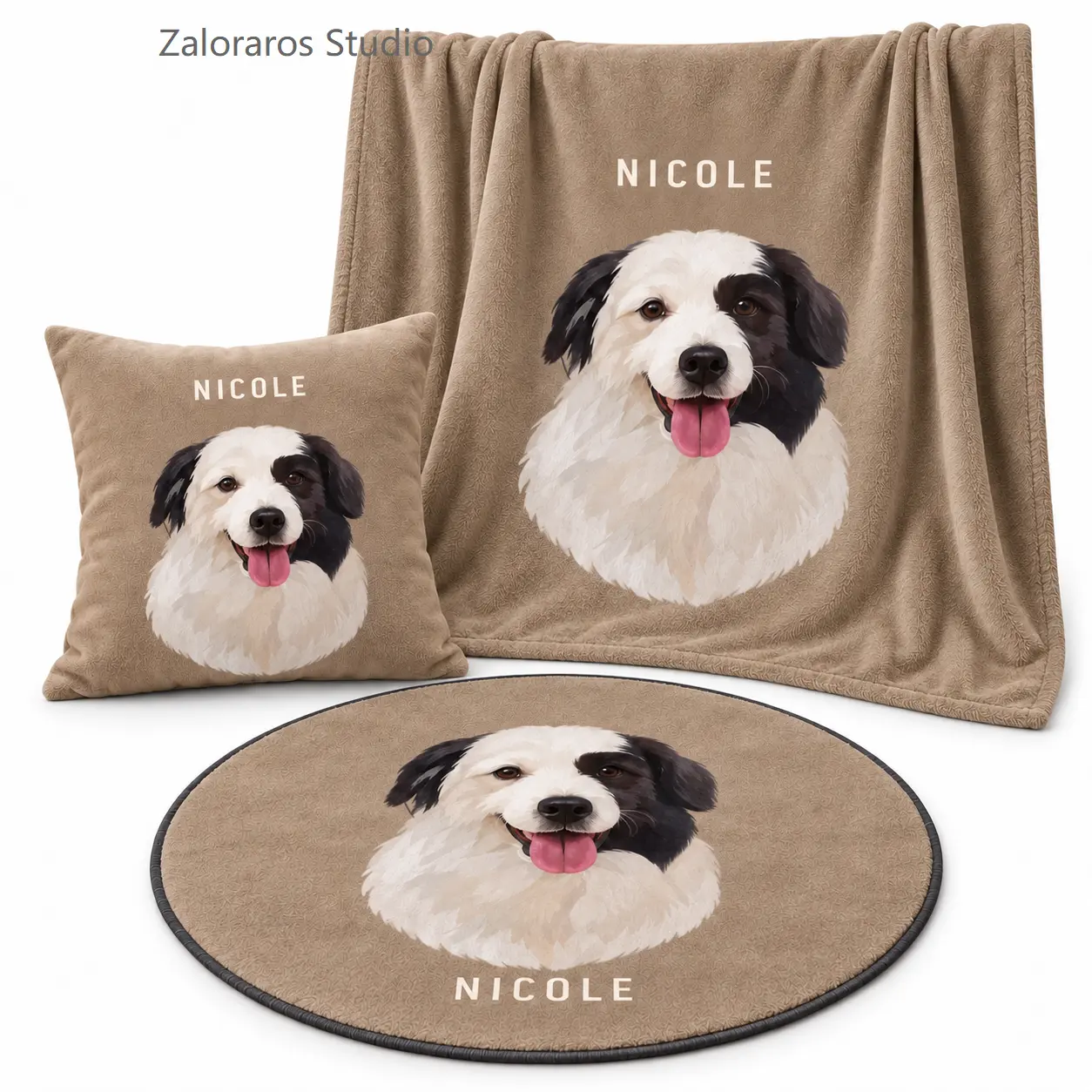 Custom Pet Portrait Home Set (Includes Throw Pillow, Blanket, and Rug)