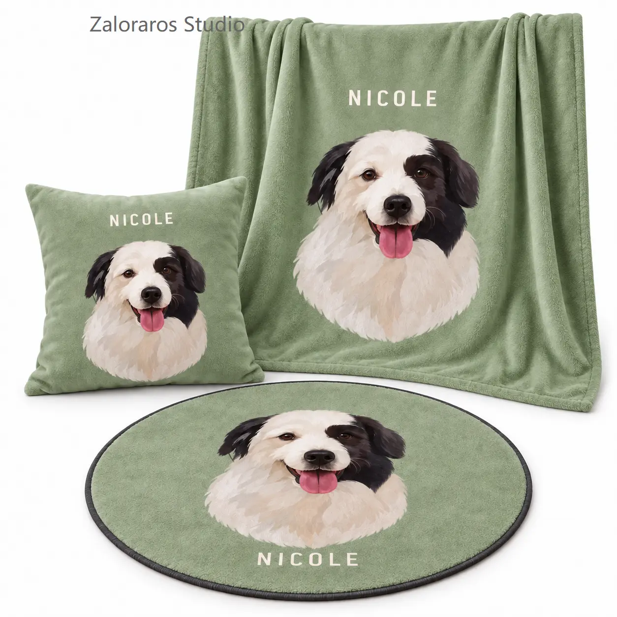 Custom Pet Portrait Home Set (Includes Throw Pillow, Blanket, and Rug)