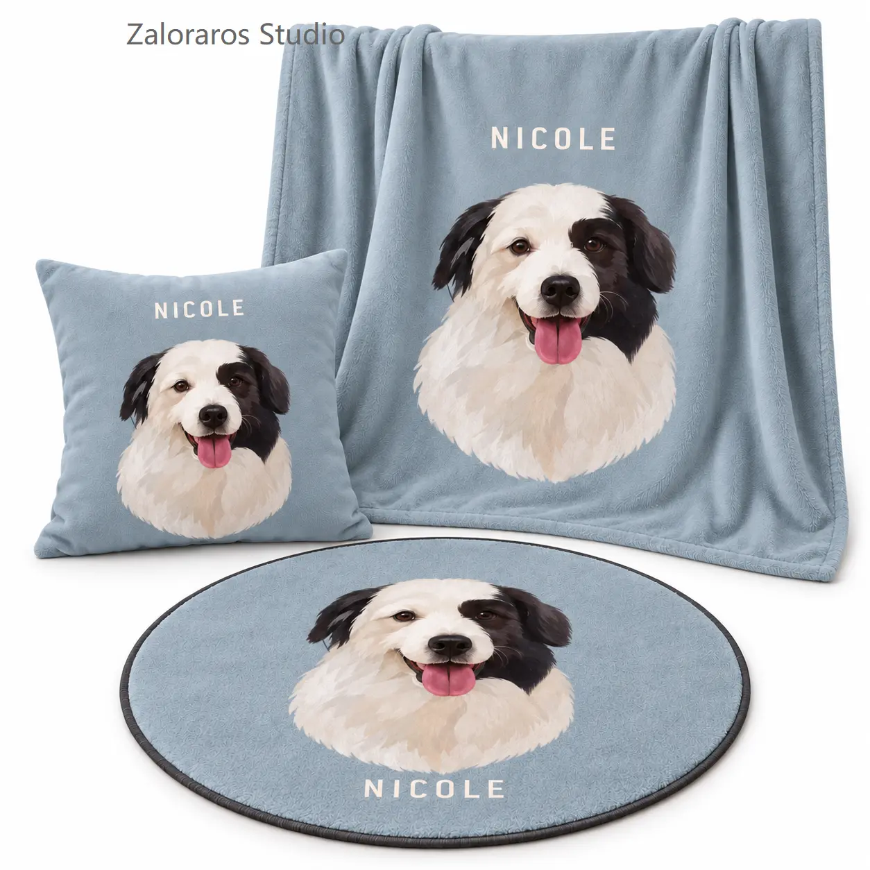 Custom Pet Portrait Home Set (Includes Throw Pillow, Blanket, and Rug)
