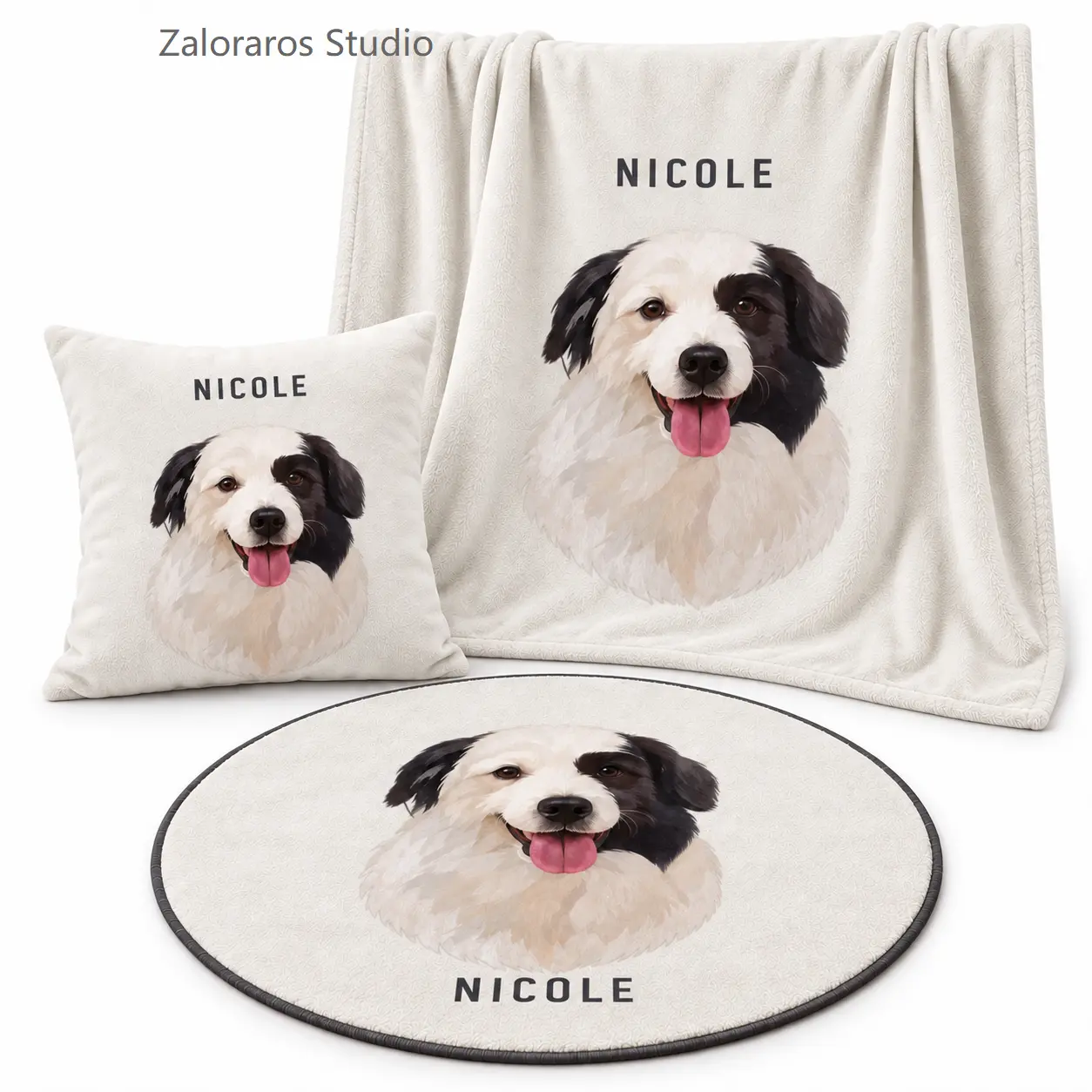 Custom Pet Portrait Home Set (Includes Throw Pillow, Blanket, and Rug)