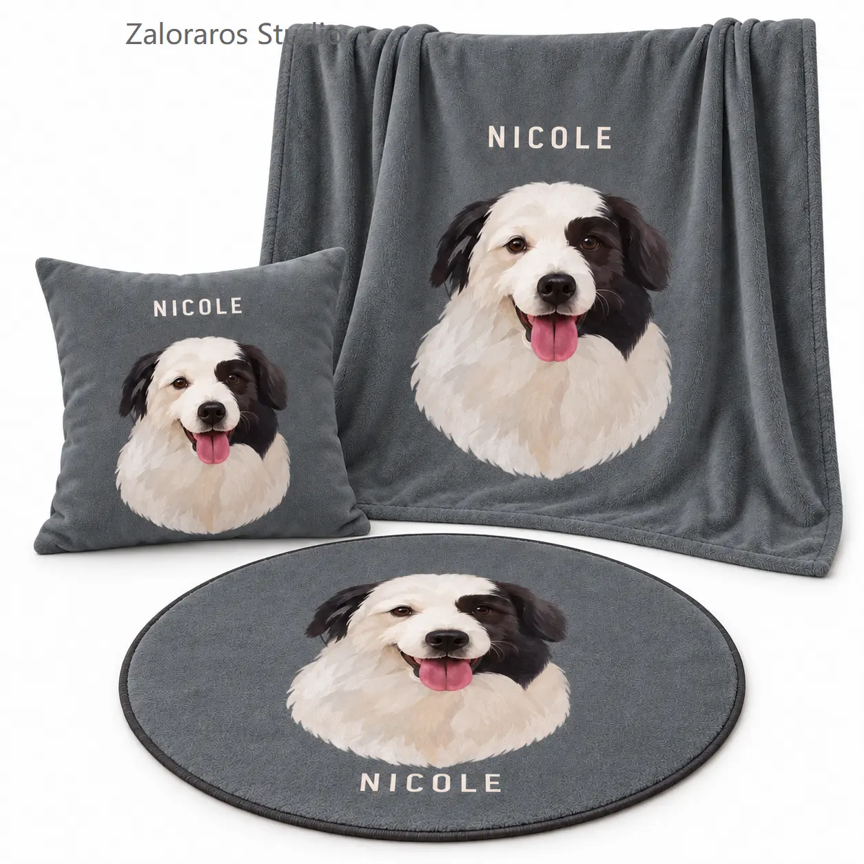 Custom Pet Portrait Home Set (Includes Throw Pillow, Blanket, and Rug)