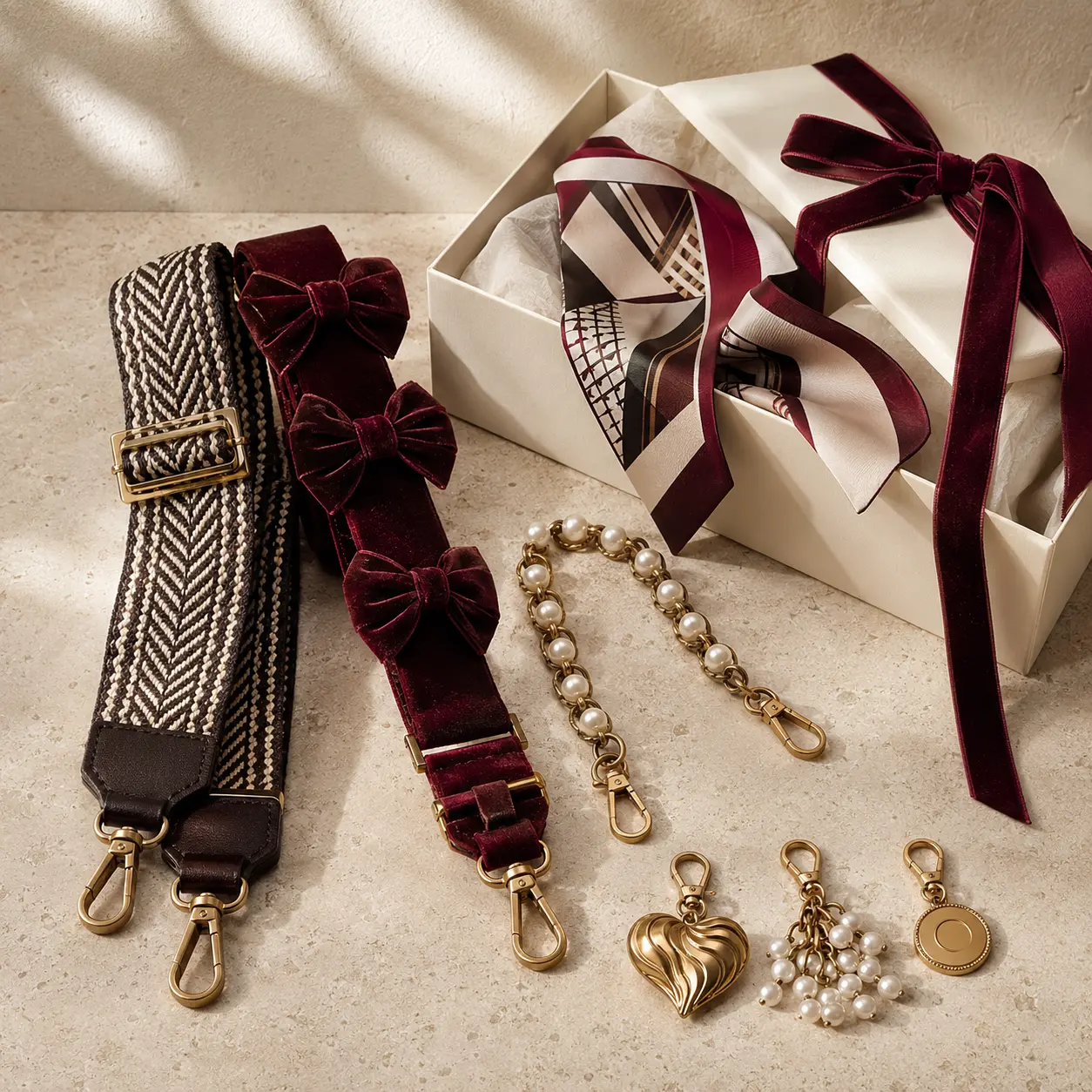 Zaloraros bag charms, statement straps, silk twillies, pearl chains and gift box