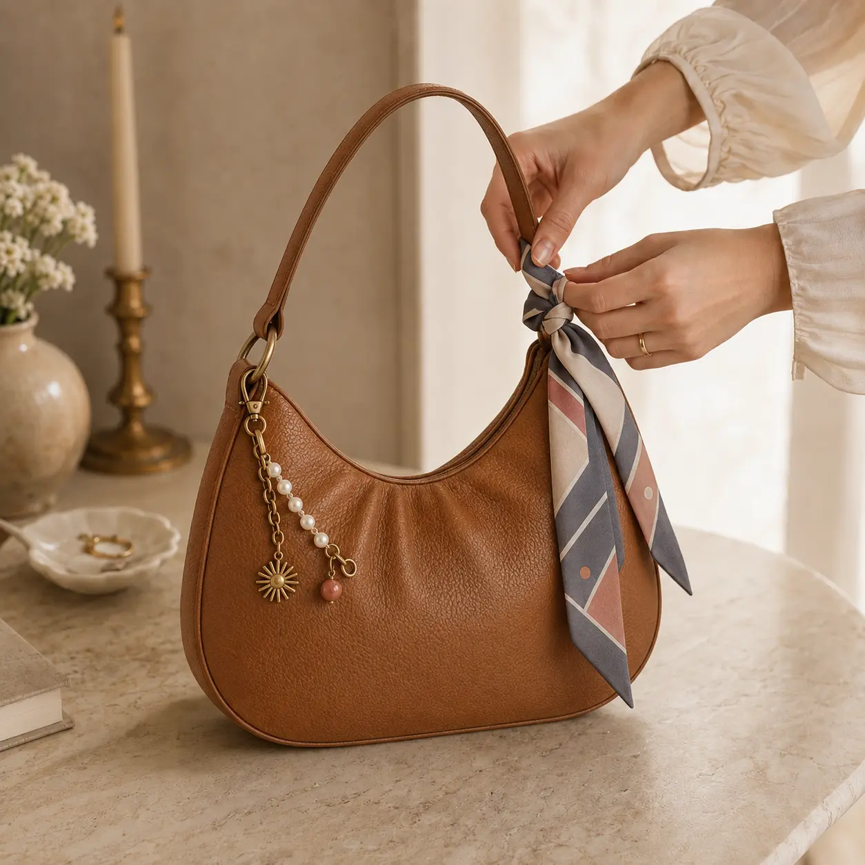 Caramel crescent shoulder bag styled with a geometric twilly and pearl charm
