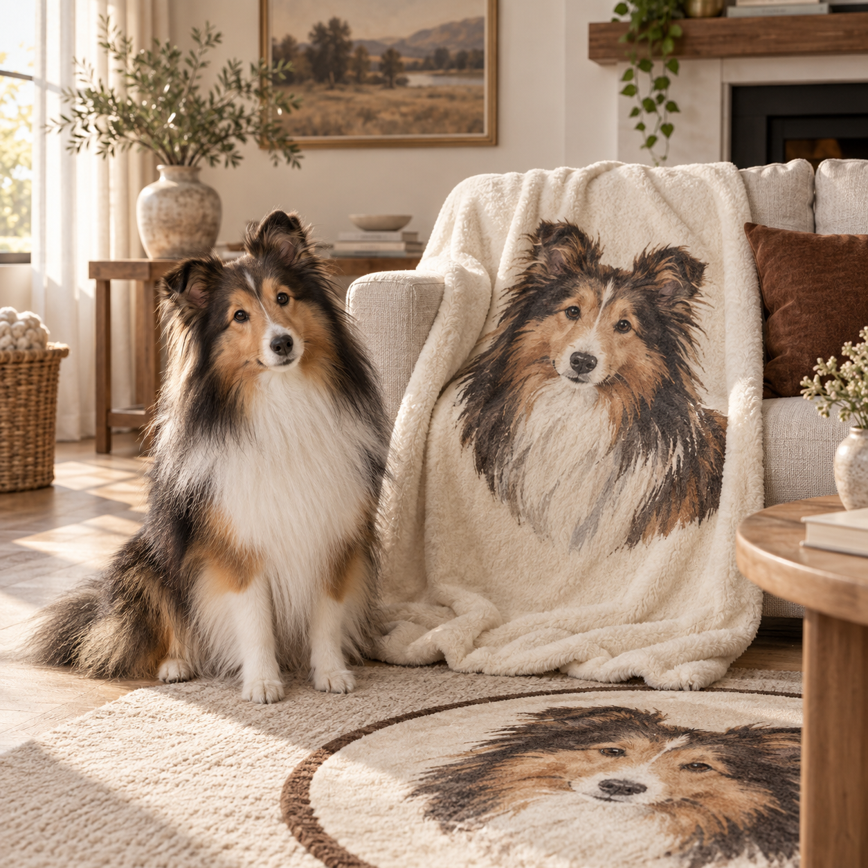 Sheltie beside a portrait blanket in a warm sunlit home