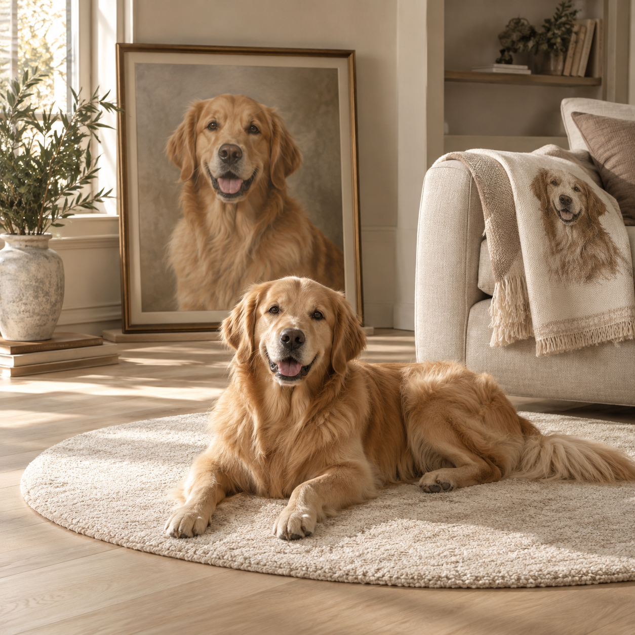 Golden retriever relaxing in a warm cream living room
