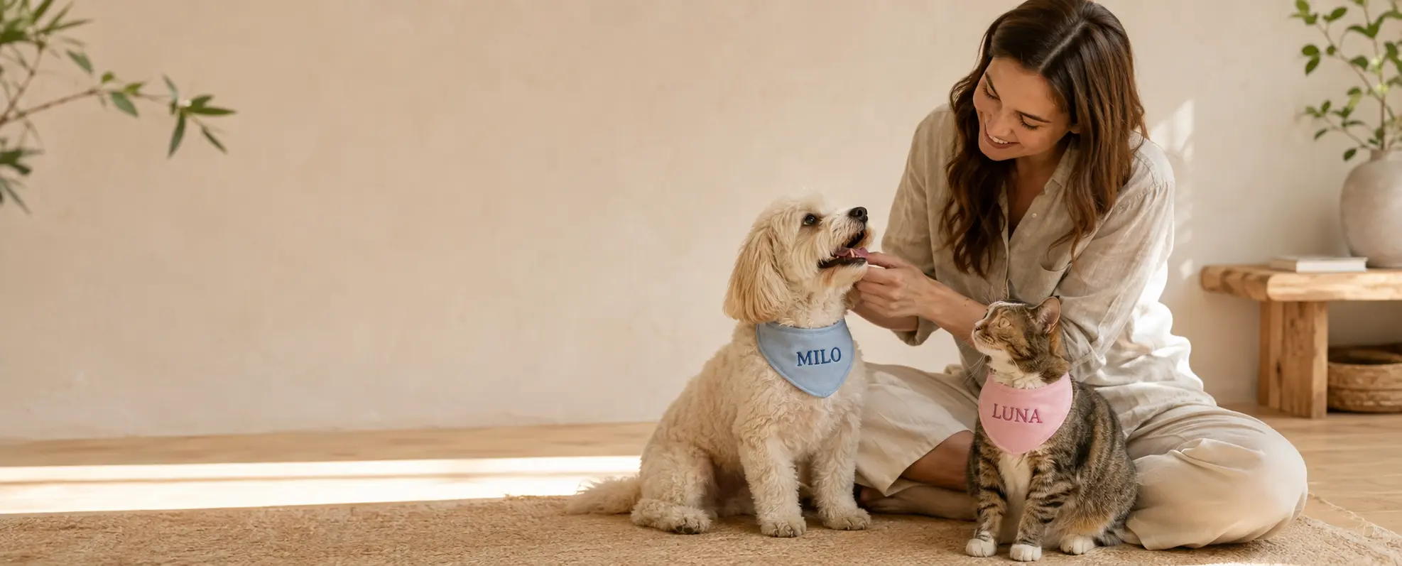 Dog wearing a sky blue personalized pet bib embroidered MILO beside a cat wearing a pink bib embroidered LUNA