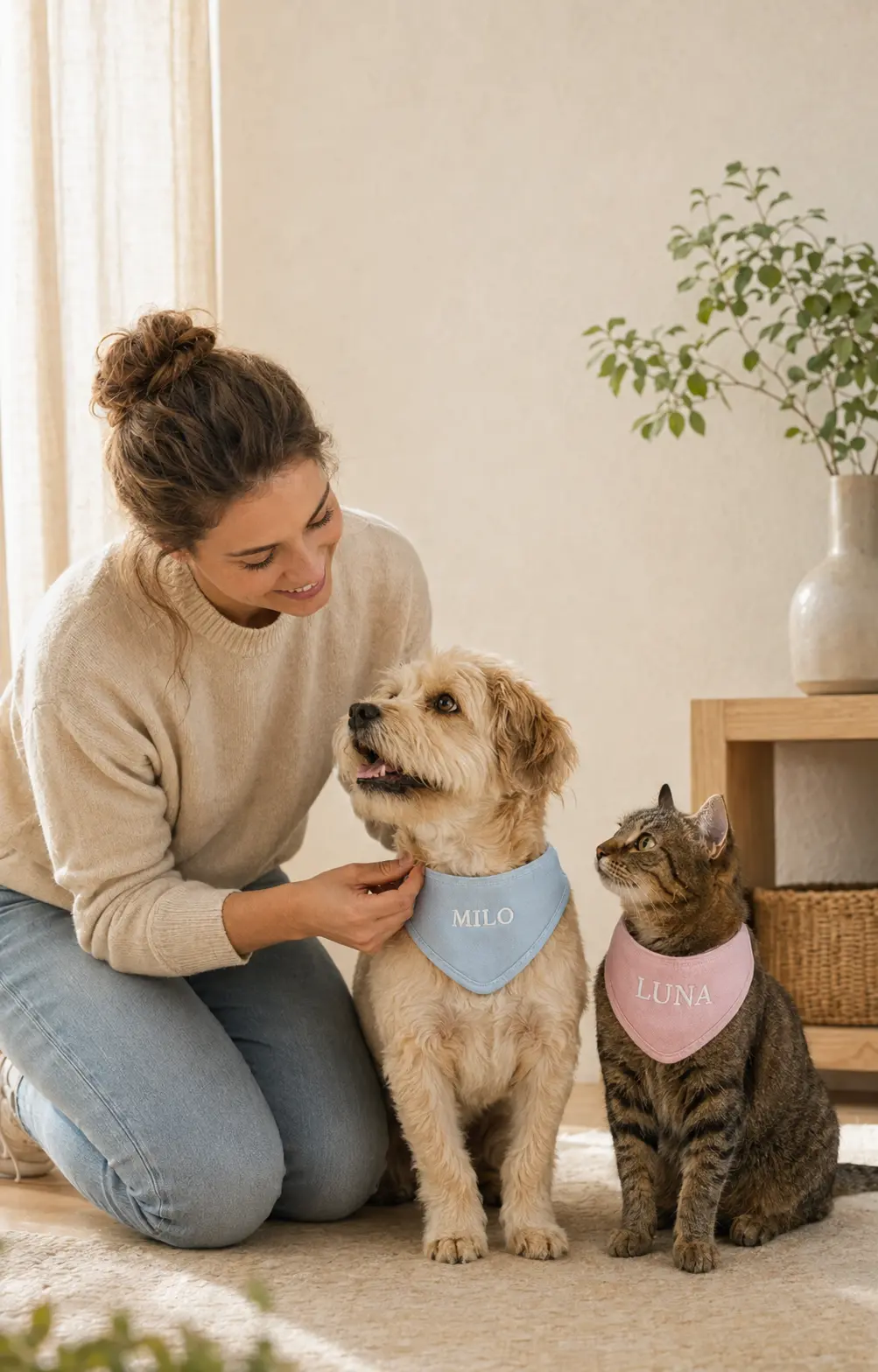 Pet owner with a dog and cat wearing personalized blue and pink name bibs.
