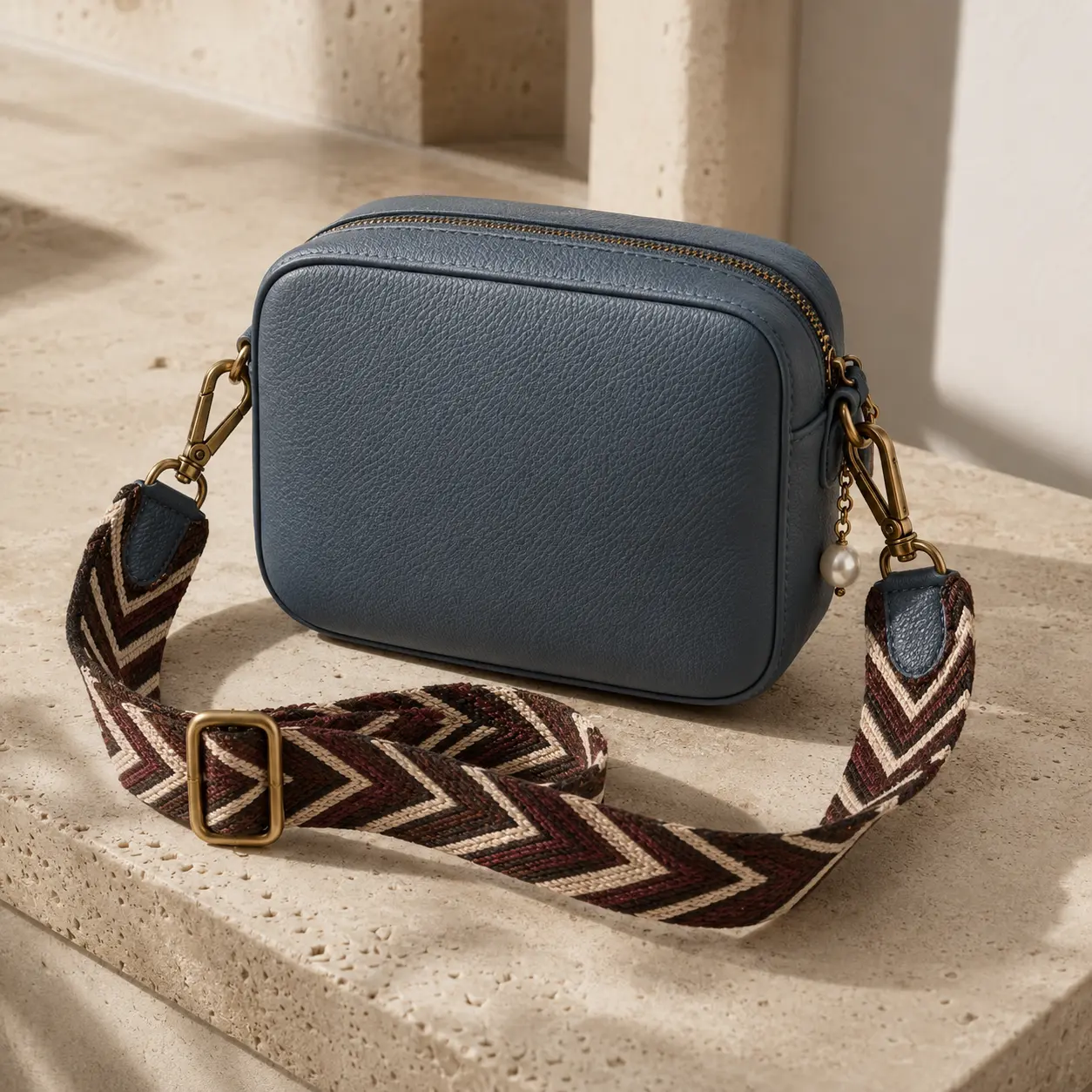 Slate blue crossbody bag with a detachable woven statement strap
