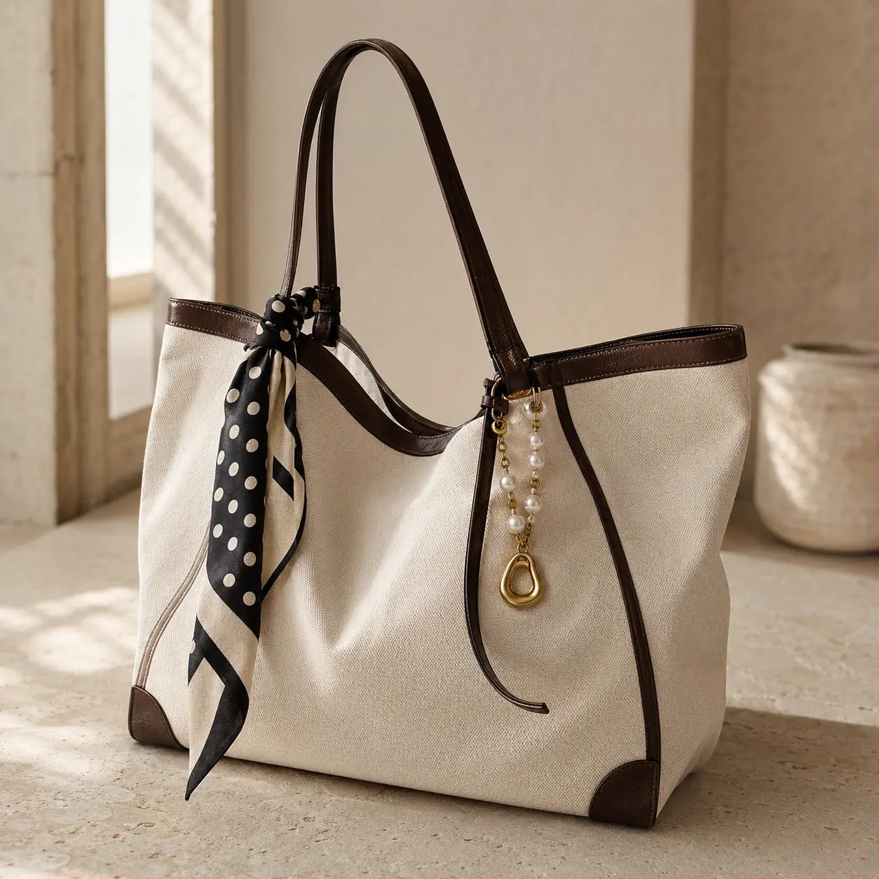 Canvas tote styled with a silk twilly and pearl bag charm