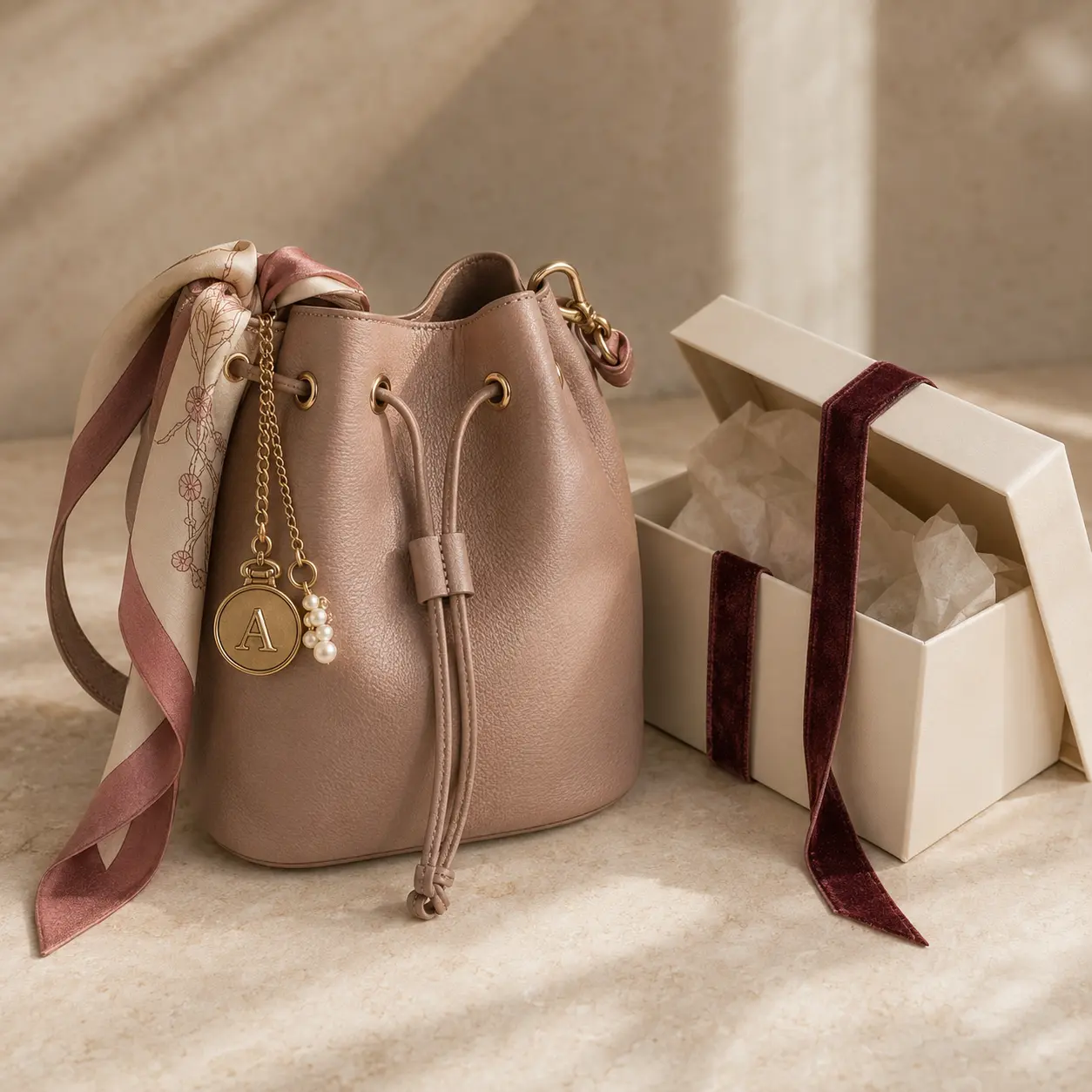 Blush bucket bag with an initial charm, twilly and gift box