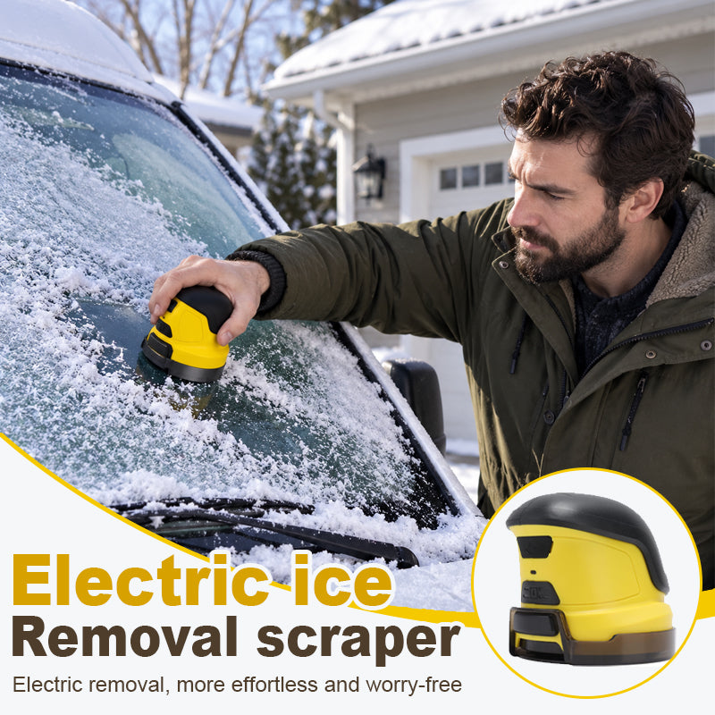 Electric ice removal scraper in use on a frosty windshield