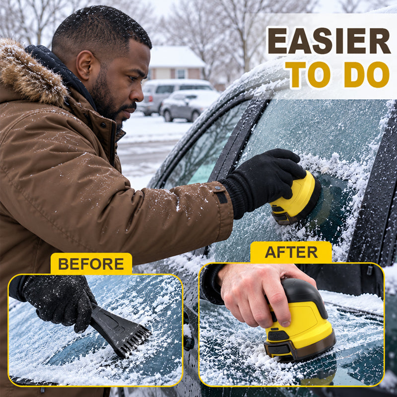 Electric ice scraper demonstrating easier windshield cleaning