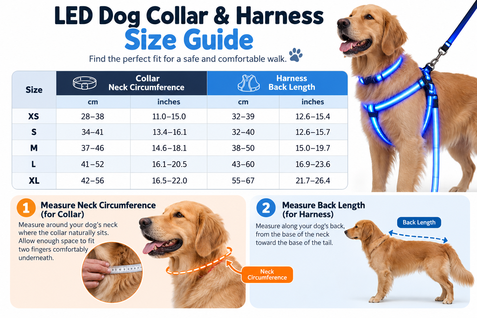 LED Dog Collar and Harness Size Guide