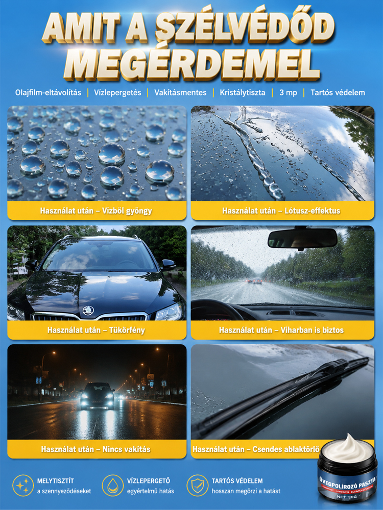 ✨Autóüveg olajréteg-tisztító| 3 Mp Alatt Kristálytiszta Szélvédő | Nano Védelem| Azonnali Tisztaság Esőben Is 🌧️