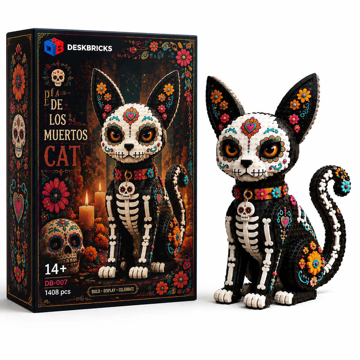 Sugar Skull Black Cat Brick Model – Día de los Muertos Animal Collection