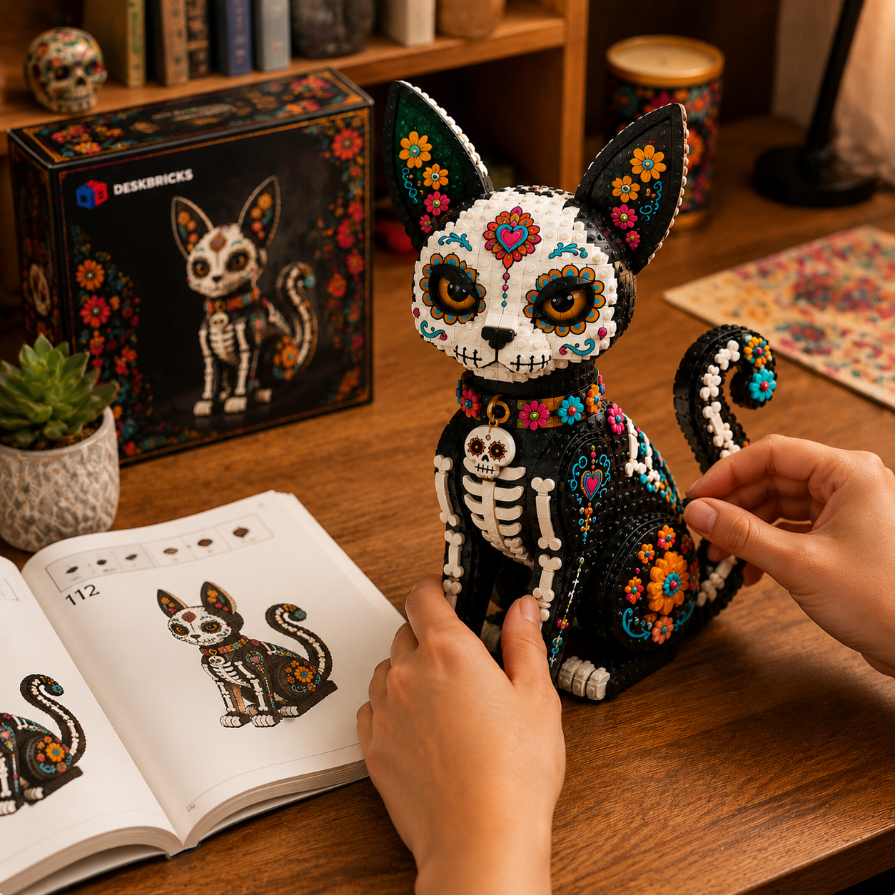 Sugar Skull Black Cat Brick Model – Día de los Muertos Animal Collection