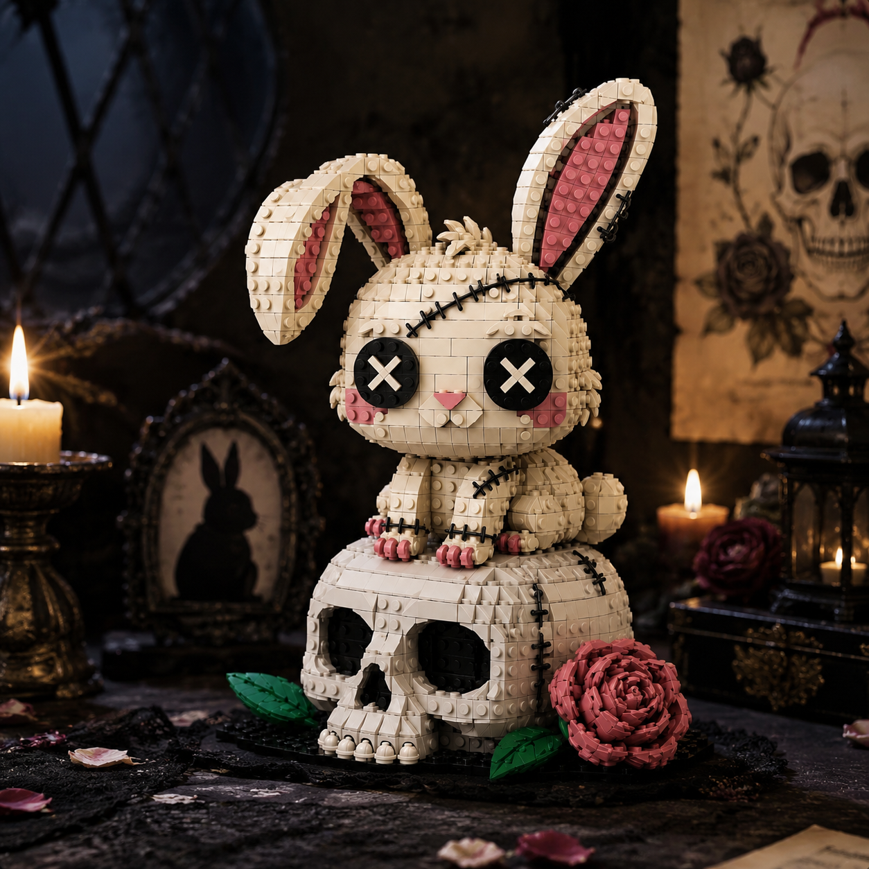 Stitched Bunny – Gothic Rabbit Skull Building Set | Dark Fantasy Collector Model
