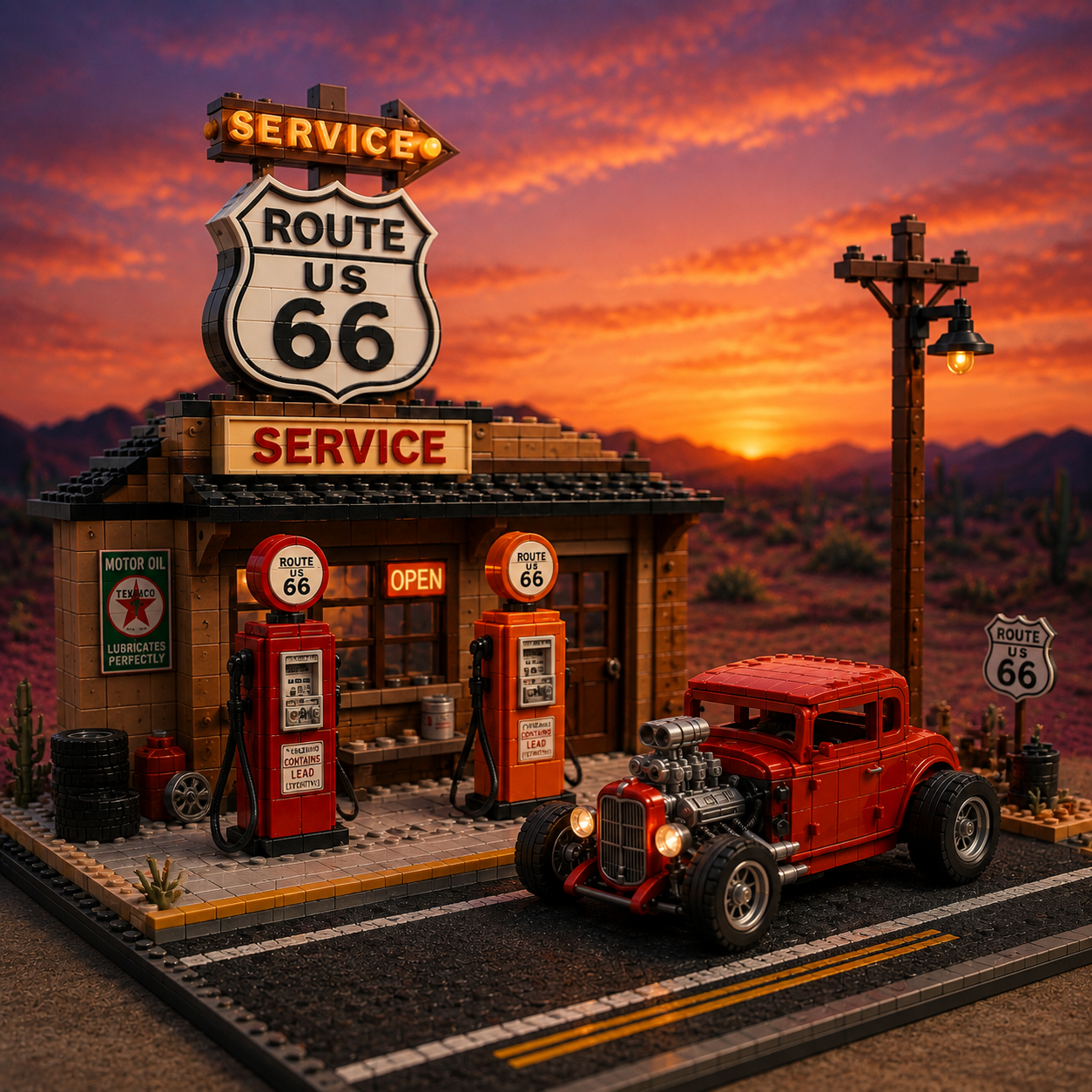 Route 66 Centennial Service Station Building Set – 100th Anniversary American Road Trip Collector Model