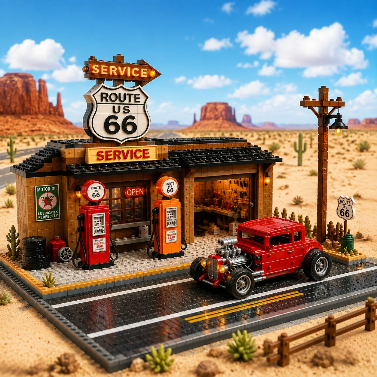 Route 66 Centennial Service Station Building Set – 100th Anniversary American Road Trip Collector Model