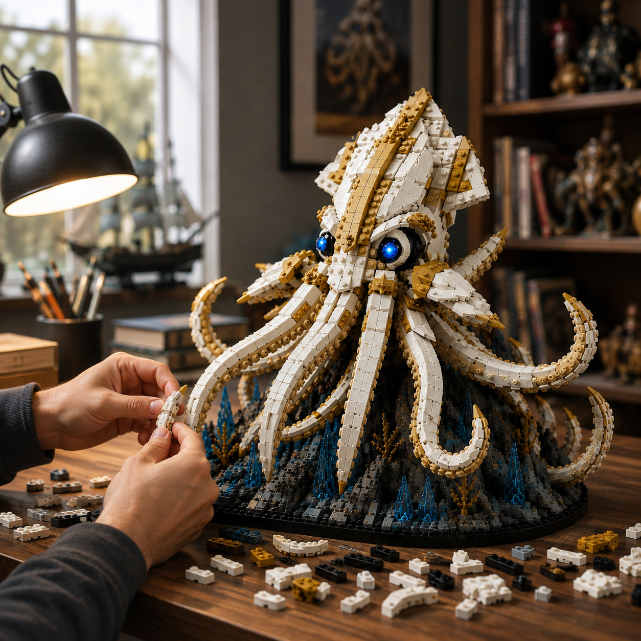 Abyssal Squid Building Set – White & Gold Deep Sea Creature Collector Model
