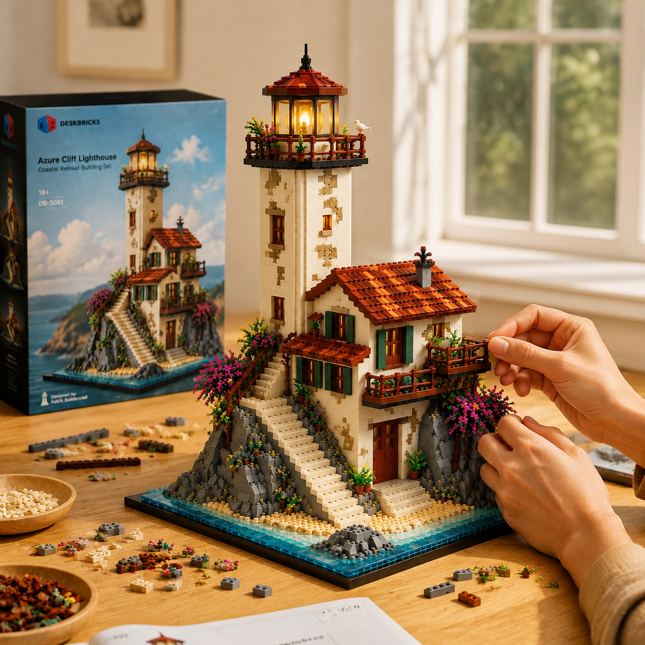 Coastal Haven Lighthouse – Mediterranean Seaside Light-Up Building Set
