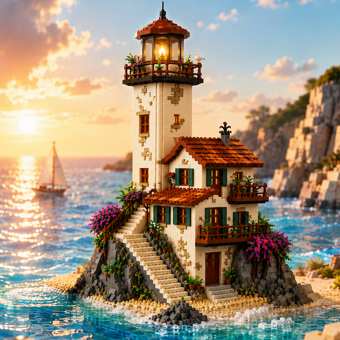 Coastal Haven Lighthouse – Mediterranean Seaside Light-Up Building Set