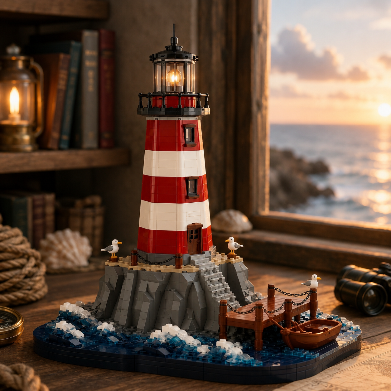 Coastal Guardian Lighthouse – Classic Red & White Ocean Display Building Set