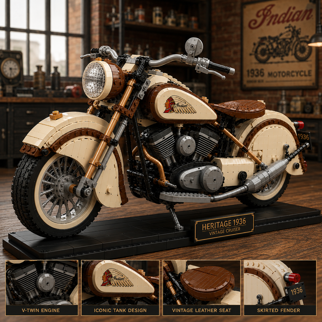 Heritage 1936 – Vintage American Cruiser Motorcycle Display Building Set