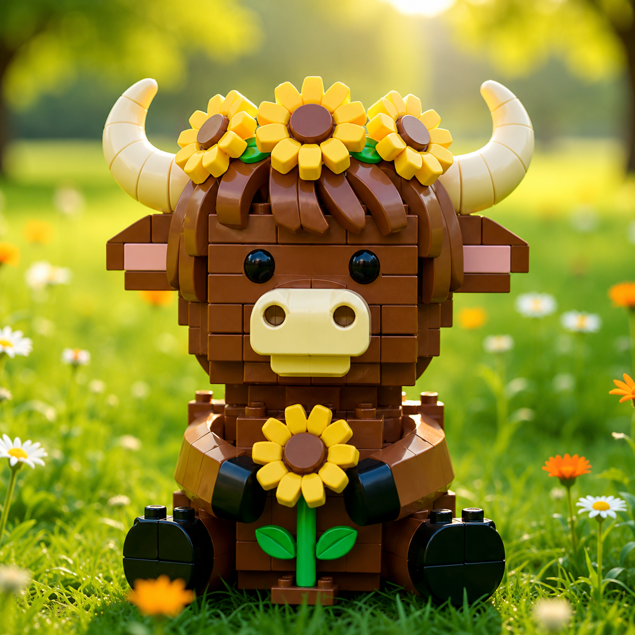 Highland Cow with Sunflowers – Countryside Companion Building Set