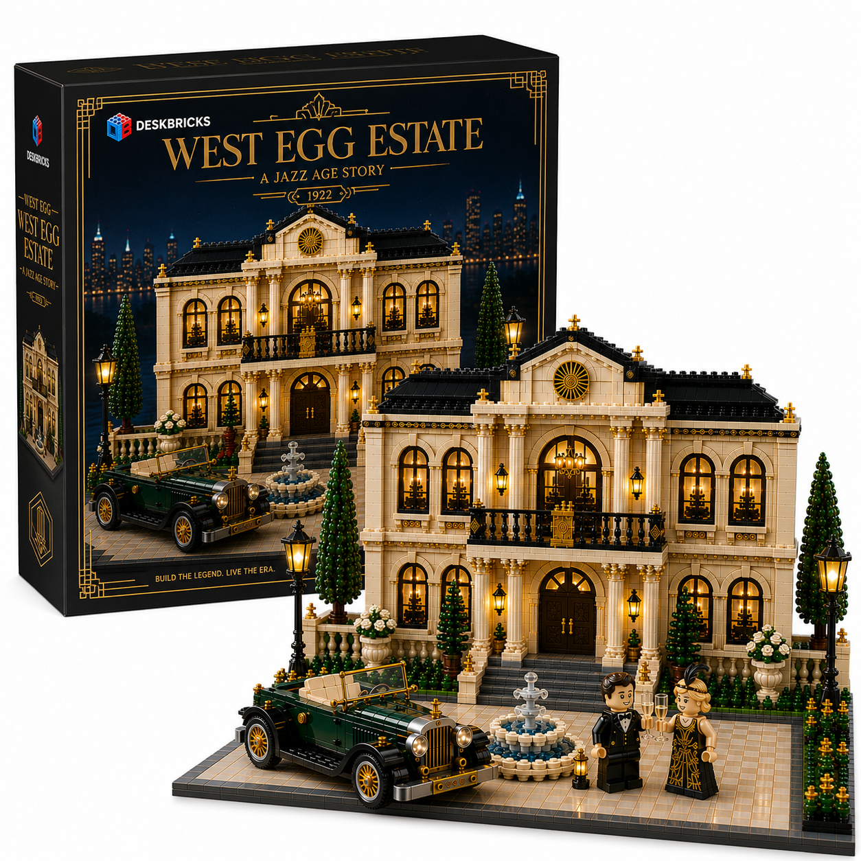 West Egg Estate – 1920s Jazz Age Mansion & Vintage Roadster Collector Building Set