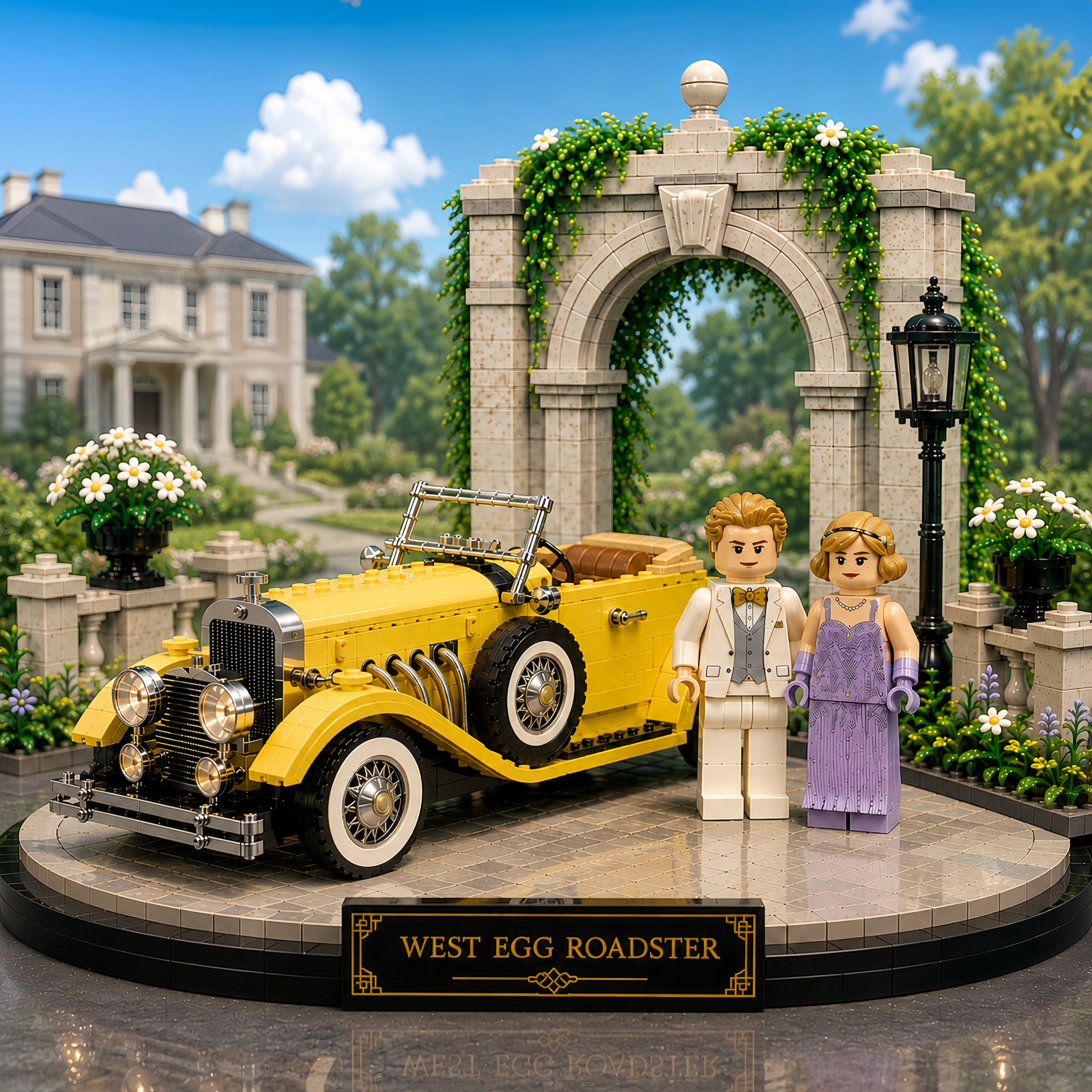 West Egg Roadster – 1920s Golden Era Estate Display Building Set | Vintage Yellow Roadster & Couple Collector Bricks