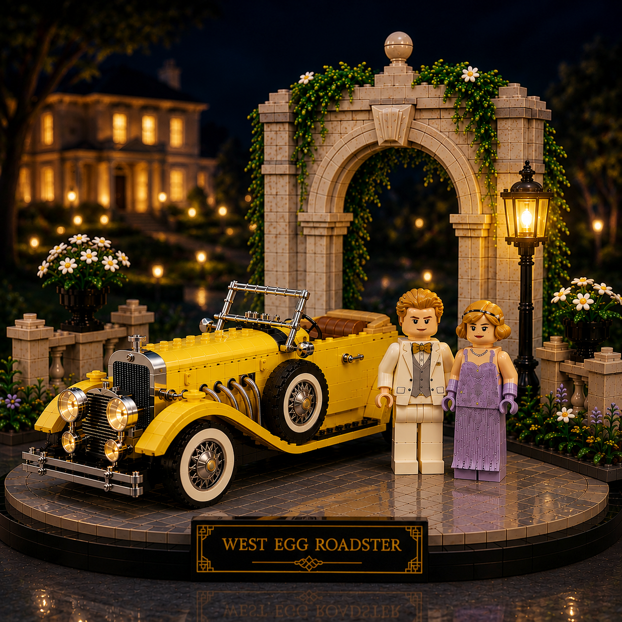 West Egg Roadster – 1920s Golden Era Estate Display Building Set | Vintage Yellow Roadster & Couple Collector Bricks