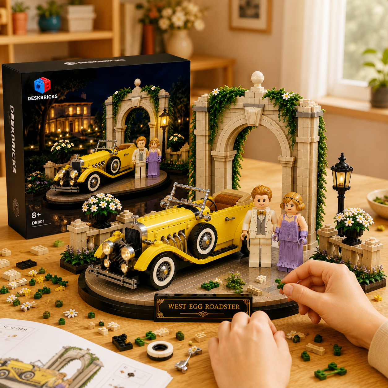 West Egg Roadster – 1920s Golden Era Estate Display Building Set | Vintage Yellow Roadster & Couple Collector Bricks