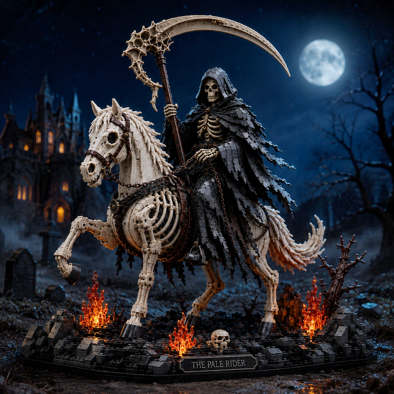 The Pale Rider – Grim Reaper & Skeleton Horse Gothic Display Building Set | Dark Fantasy Collector Bricks