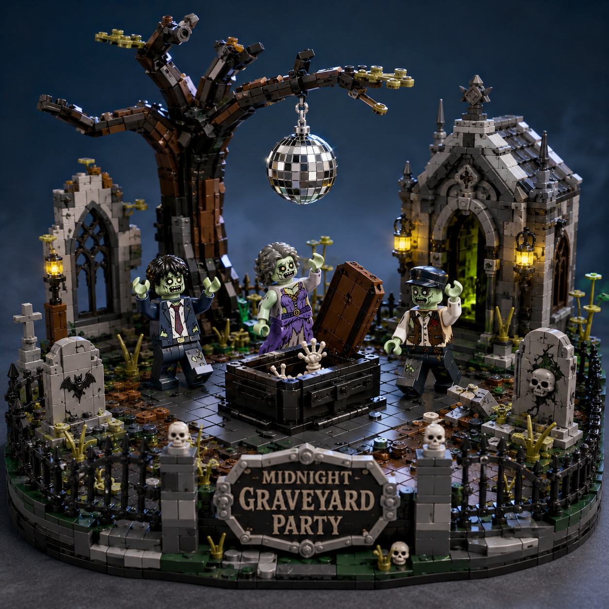 Midnight Graveyard Party – Zombie Cemetery Halloween Display Building Set | Spooky Gothic Collector Bricks