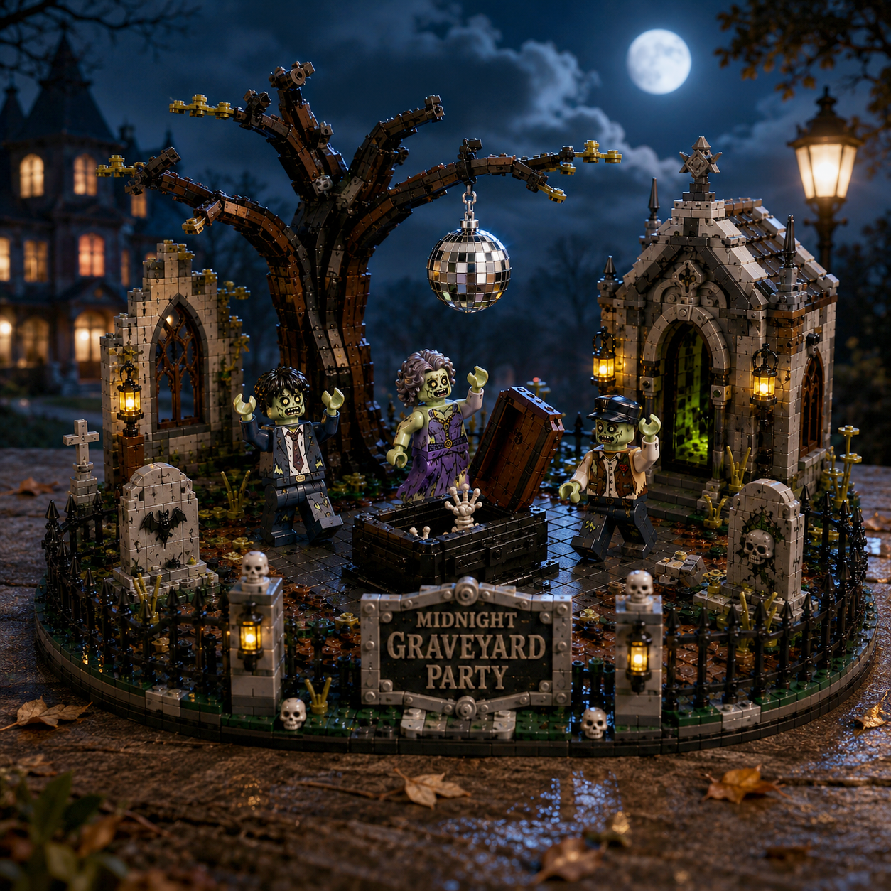 Midnight Graveyard Party – Zombie Cemetery Halloween Display Building Set | Spooky Gothic Collector Bricks