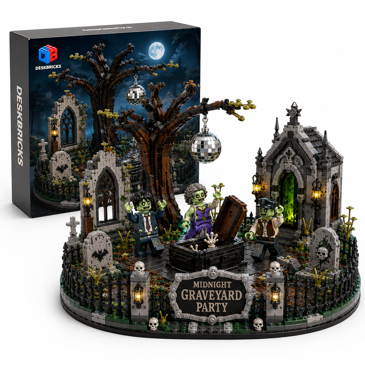Midnight Graveyard Party – Zombie Cemetery Halloween Display Building Set | Spooky Gothic Collector Bricks