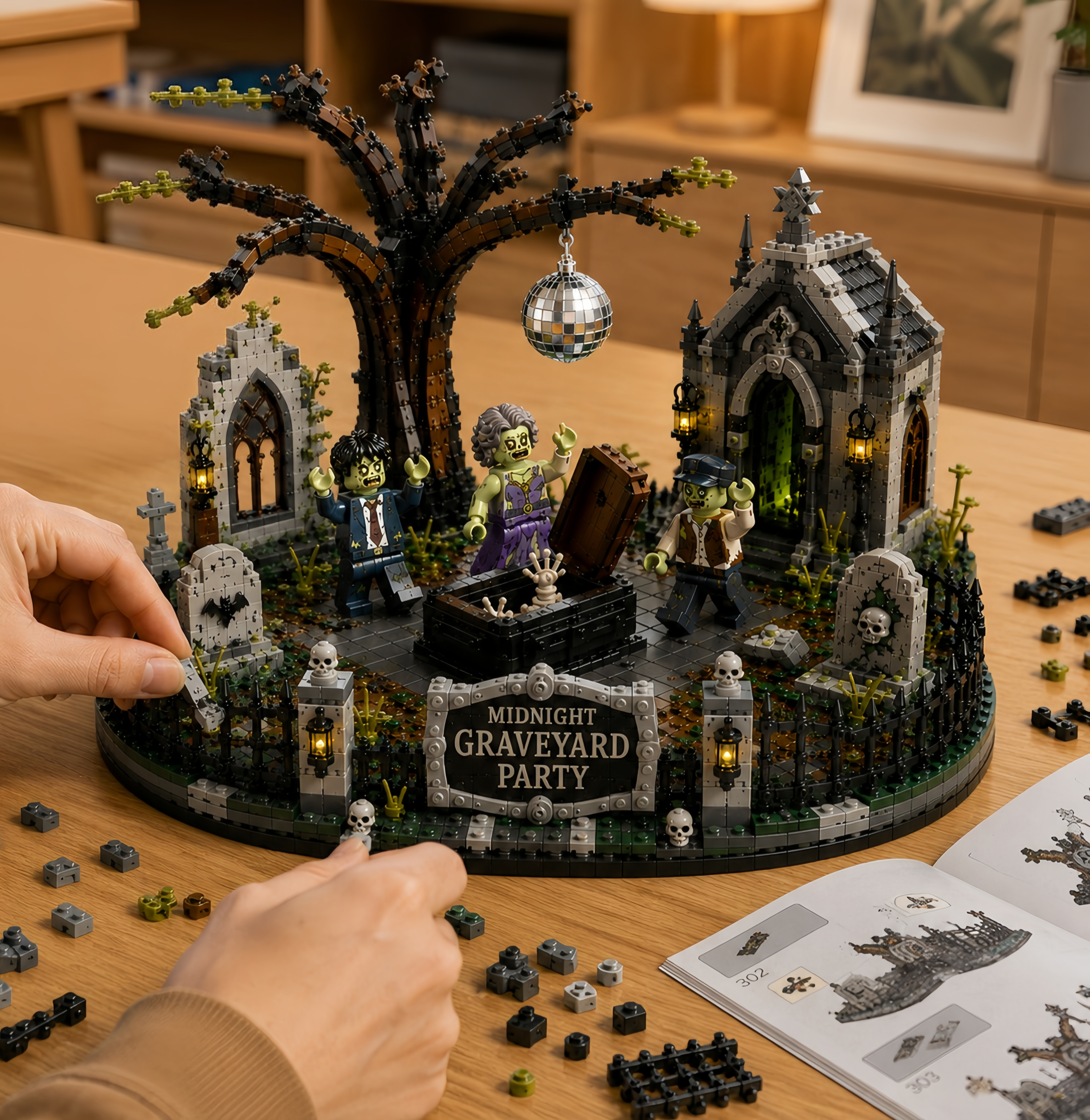 Midnight Graveyard Party – Zombie Cemetery Halloween Display Building Set | Spooky Gothic Collector Bricks