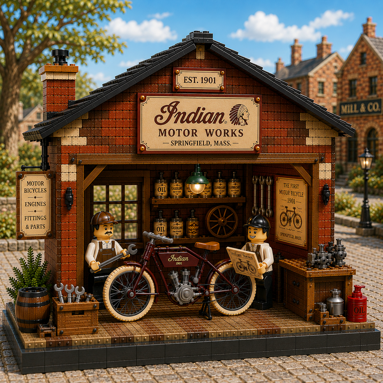 The Birth of Indian Motorcycle – 1901 Springfield Motor Works Vintage Motorcycle Workshop Building Set