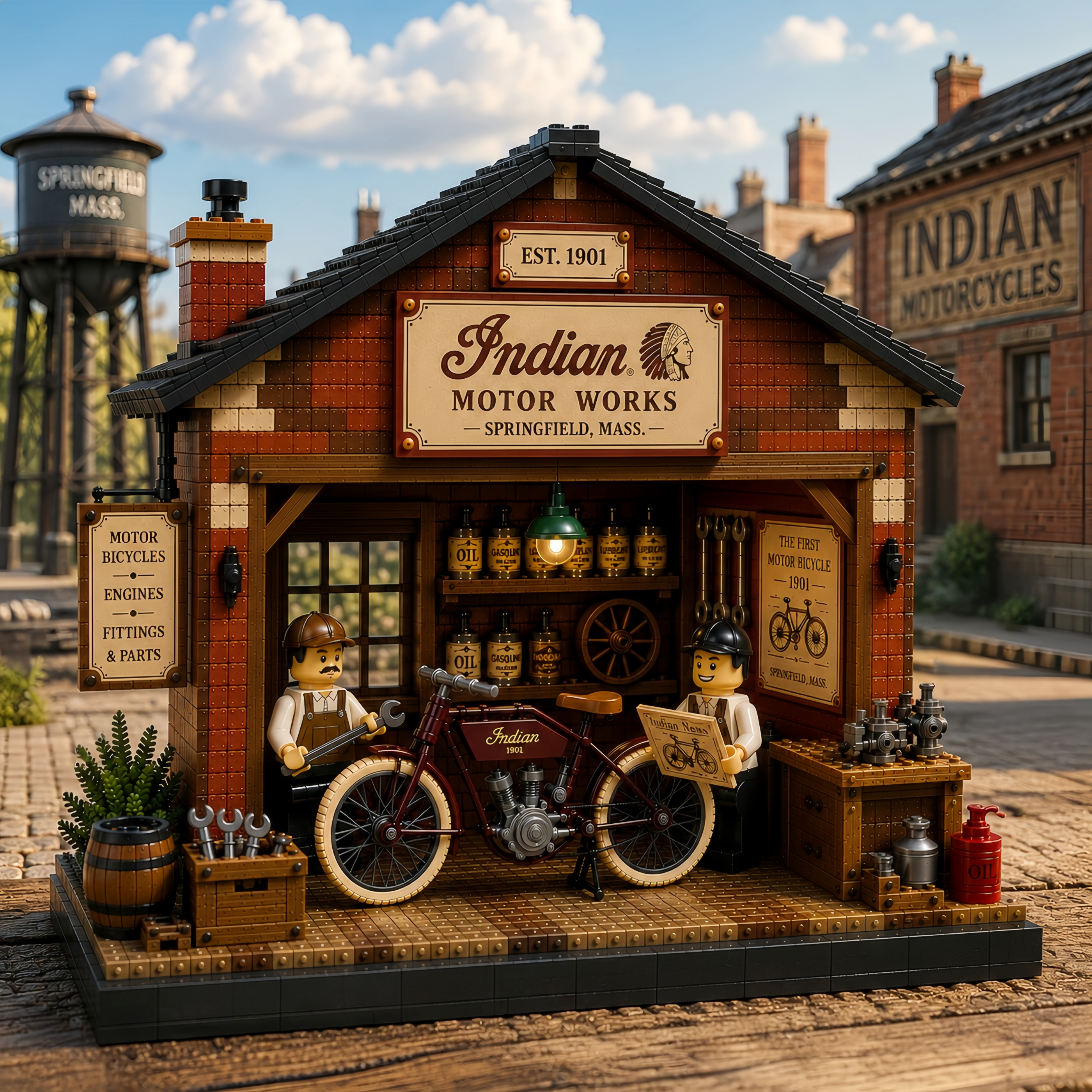 The Birth of Indian Motorcycle – 1901 Springfield Motor Works Vintage Motorcycle Workshop Building Set